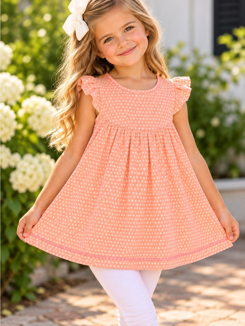 Matilda Jane Girls Size 4 Peach Pink Polka Dot Ruffle Tunic Top